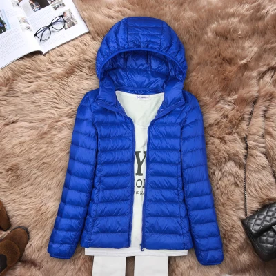ROYAL BLUE hooded Новинка, женский ультра легкий пуховик с капюшоном, зимний походный пуховик на утином пуху, приталенное пальто на молнии с длинным рукавом, теплое пальто - Цвет: ROYAL BLUE hooded