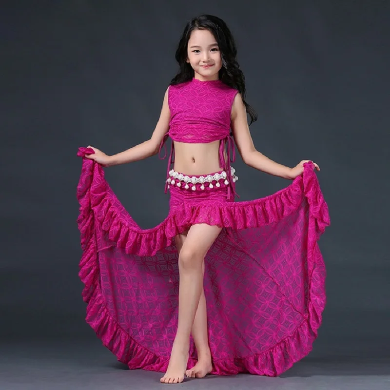 

Good Quality Sexy Children Lace Belly Dance Costume Rose Yellow Lake Tops+Skirt 2 Pcs Set Children Performance Dancing Suit