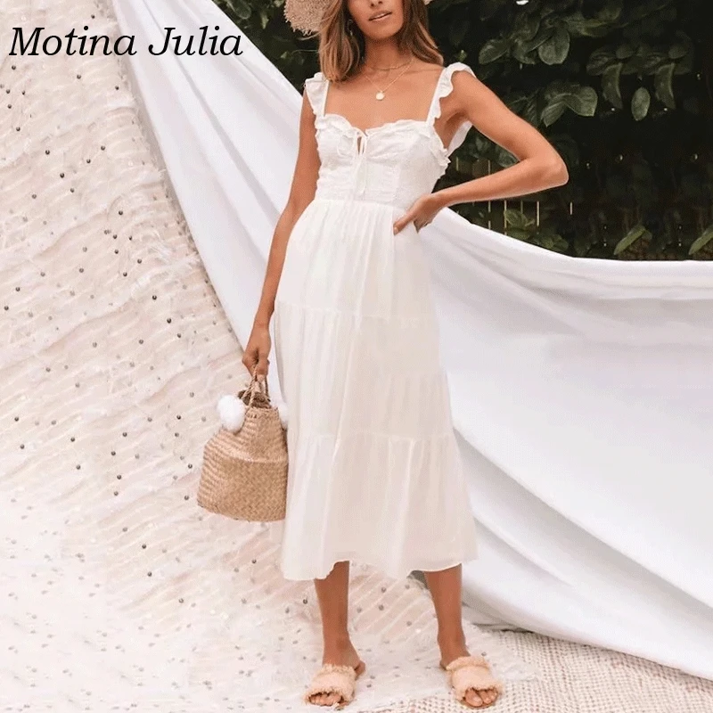 Motina Julia 2019 летнее хлопковое платье с вышивкой милое белое рюшами пляжное миди в