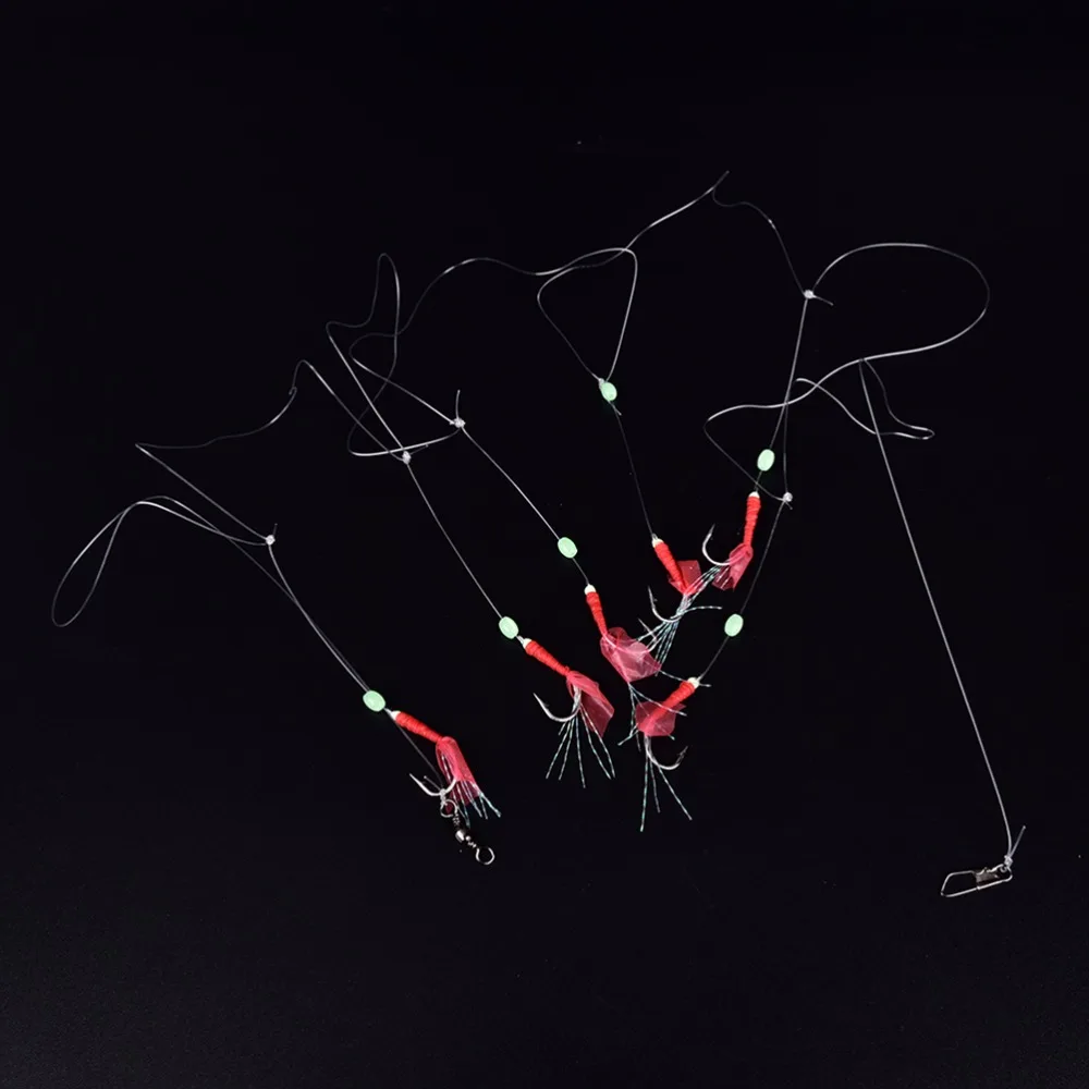 6 Pcs Red Sabiki Tackle Rigs Saltwater Sea Fishing Lure Trolling Hook Bait w/ Fluorocarbon Leader Gear #8 10 12 14 16 | Спорт и