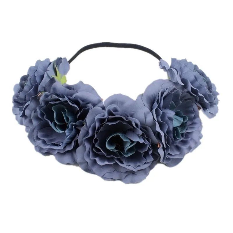 Тёмно-синий Bohemia Big Lilies Floral Crown Party Wedding Hair Wreaths Hair Bands Holiday Flower Headband with Adjustable Elastic Ribbon - Цвет: Тёмно-синий