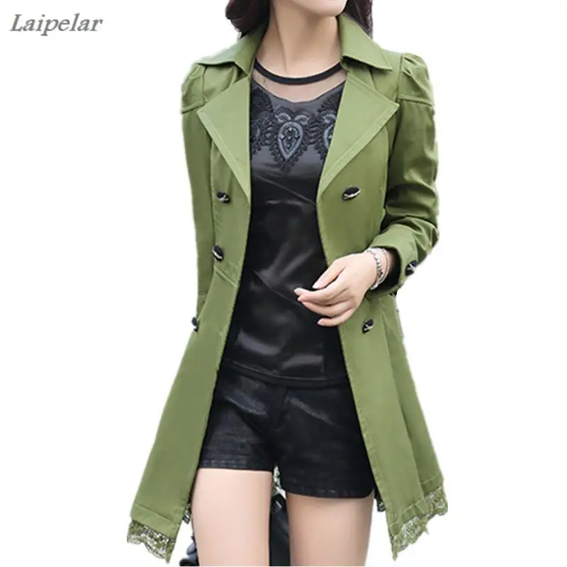 

fashion female spring slim trench coat / women's lace lap style solid colour double breasted long coat / size M-XXXL