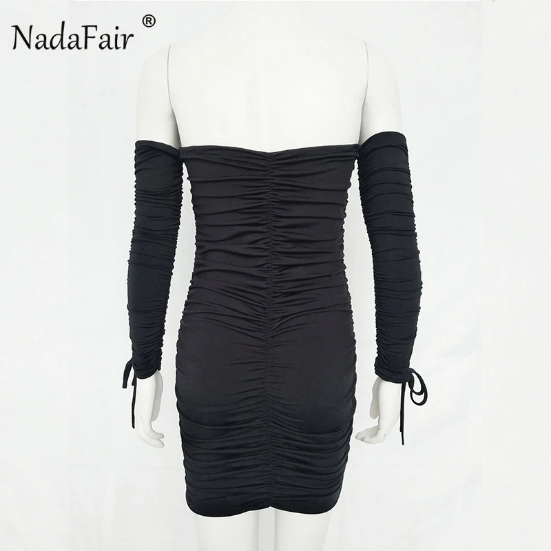 Сексуальное Бандажное платье Nadafair с открытыми плечами, женское, белое, черное, с рюшами, с длинным рукавом, Клубные, вечерние, мини, Осень-зима, облегающее платье