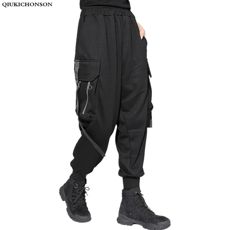 Брюки-карго женские черные с карманами на молнии высокой талией повседневные 2019 |
