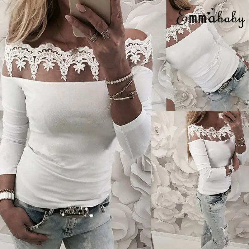 Женская Кружевная летняя футболка с открытыми плечами Повседневная модная
