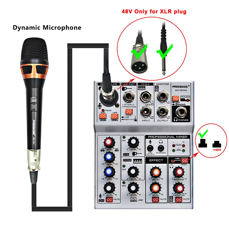 Freeboss AM-G04A USB Bluetooth Запись воспроизведения компьютера 4 канала Mic Line Insert Стерео Профессиональный звуковой микшер