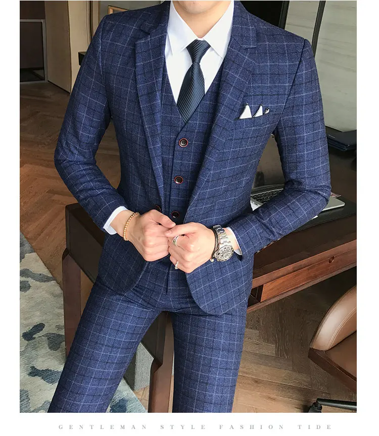 Брендовый мужской костюм, Классический Клетчатый костюм, комплект из 3 предметов, роскошный модный мужской синий смокинг, бутик, мужской свадебный костюм для жениха