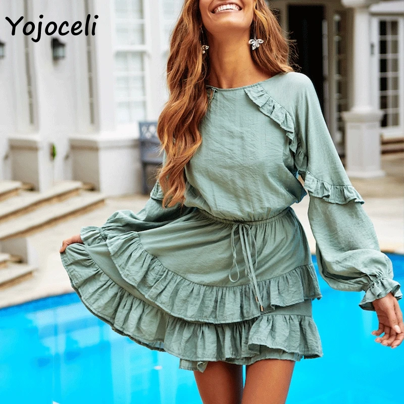 Yojoceli 2019 платье с длинными рукавами и оборками уличная мини бантом женское на