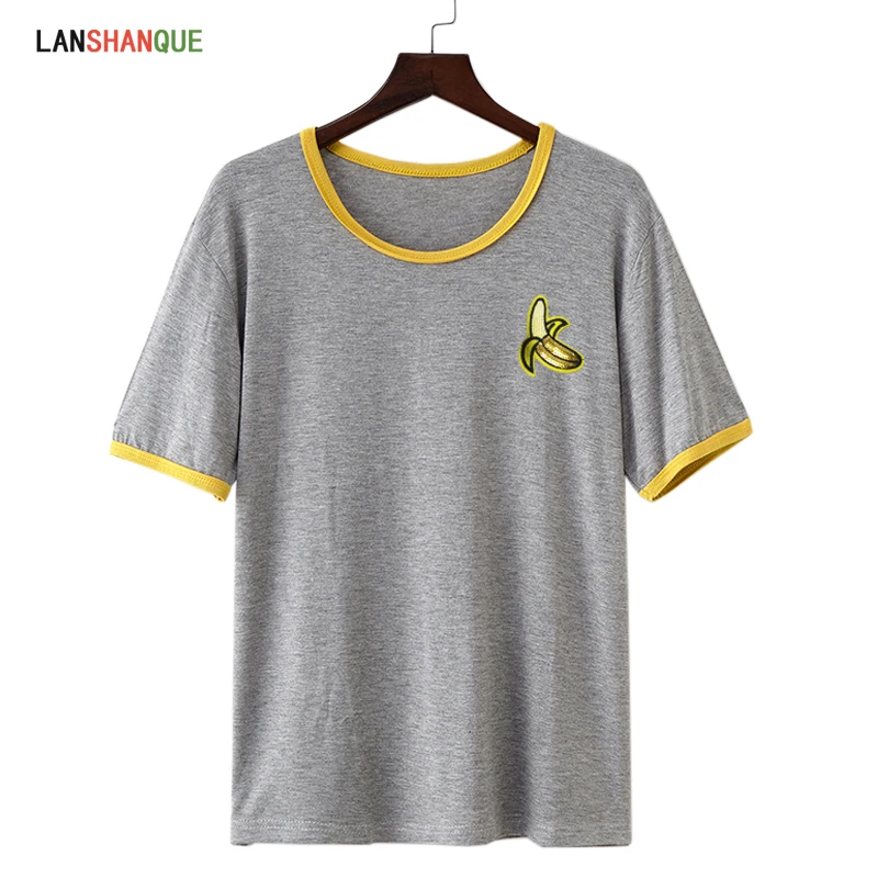 LANSHANQUE женская новая летняя футболка casual Повседневная однотонная серая с