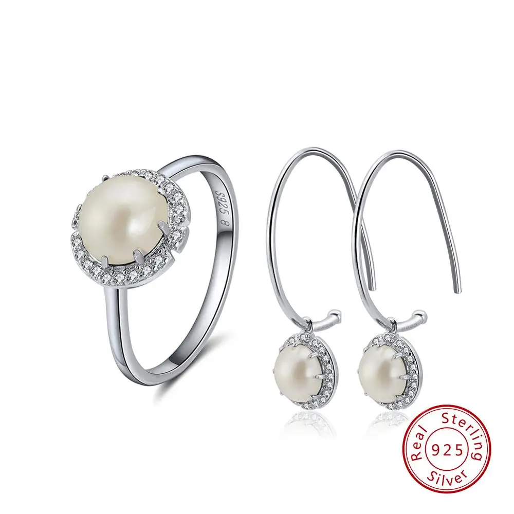Top Simulated Pearl ORSA JEWELS 925 пробы Серебряный женский ювелирный набор, натуральные кольца+ серьги-капли, полудрагоценный камень, подарок на свадьбу, вечеринку, OSS31 - Цвет камня: Top Simulated Pearl
