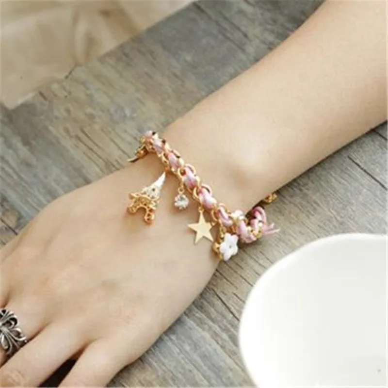 Romantic Pink Flower Love poker Eiffel Tower Bracelet Fashion Jewelry for Women Girls Weave Charm Star Anklets Gift | Украшения и