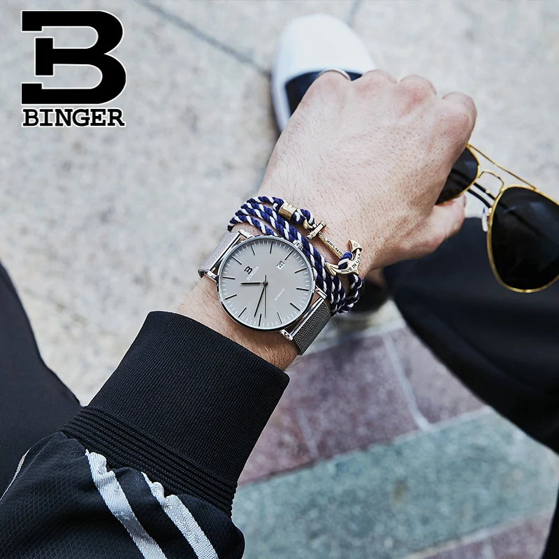 Мужские часы Бингер Роскошные автоматические механические с сетчатым ремешком