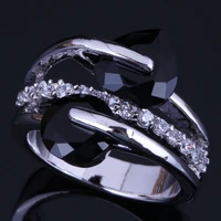 stylish heart shaped round black cubic zirconia white cz silver plated ring v0465
