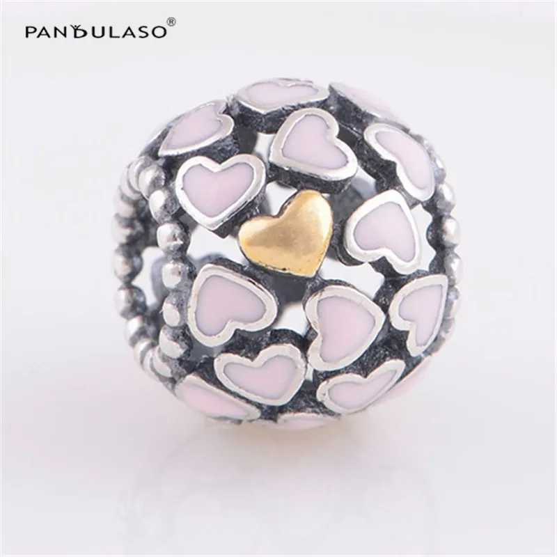

100% 925 Sterling Silver Jewelry Beads Fits European Charm Bracelet & Choker Pink & Golden Hearts Beads Women DIY Jewelry