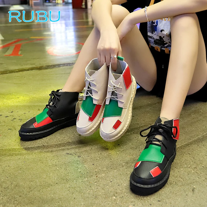 2018 Autumn and Winter New Color Matching Patch Boots Female Mouth Flat Short British Wind Women's Shoes | Обувь