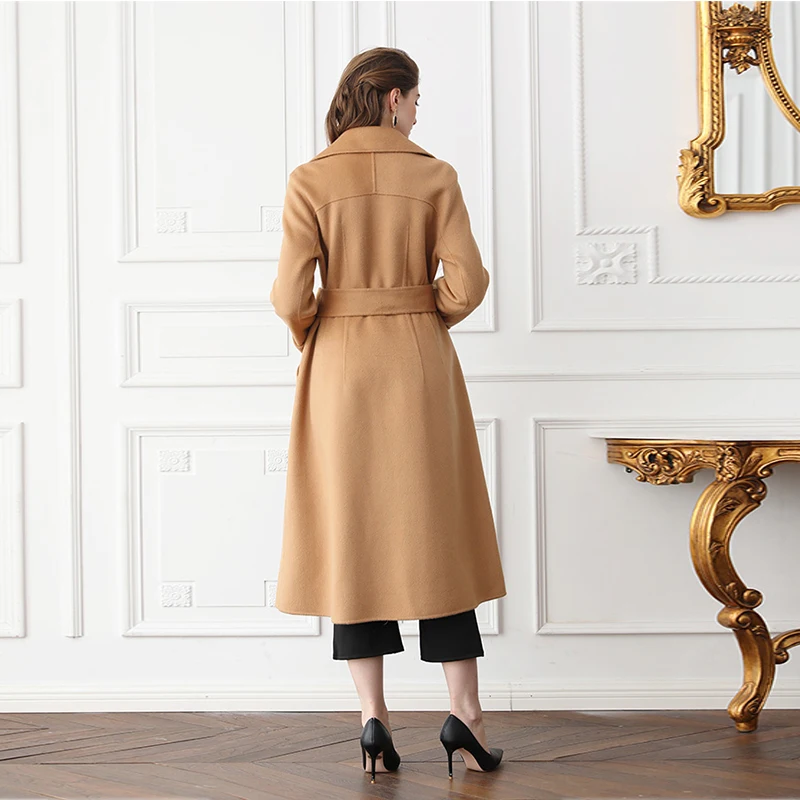 VOA Camel Wool Coat Women Long Overcoat Winter Warm Outerwear Cashmere Double Breast Coats Bow Belt Ladies Black Clothes SA7293 | Верхняя