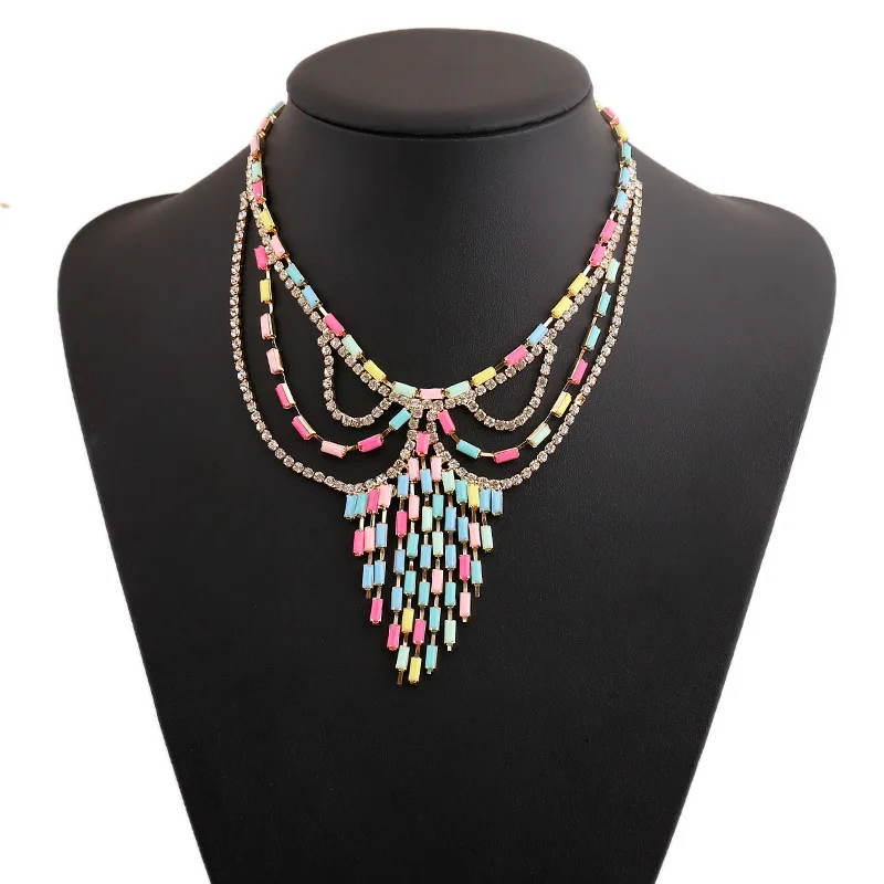 

Hot Bohemian Rhinestone Crystal Colorful Resin Gem Tassel Choker Bib Necklace Gold Tone Jewelry