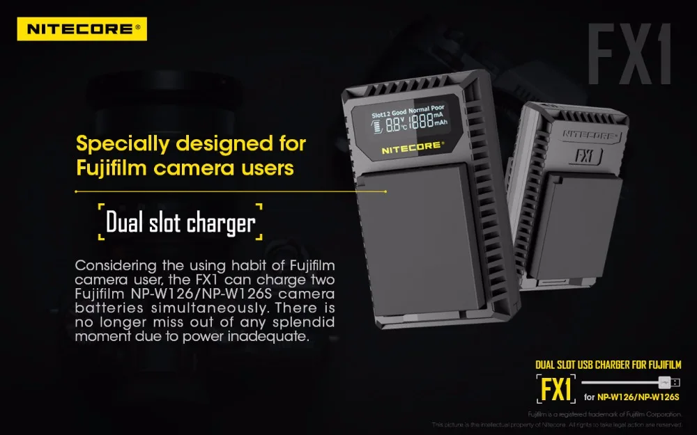 Nitecore FX1 двойной слот USB Зарядное устройство для ЖК-дисплея с подсветкой Fujifilm NP-W126 NP-W126S Камера Батарея X-Pro1 X-T1 XE1 XE2 XA1 XA2 XM1 HS30 X-T2 X-E2S