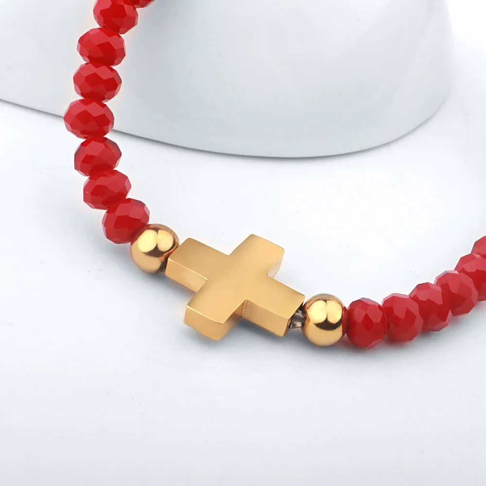 FINE4U B180 Stainless Steel Cross Charm Bracelet Adjustable Beaded Bracelets Crucifix Rosary Jewelry 4 Colors Choices | Украшения и