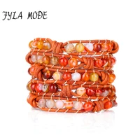 fyla mode braided leather cord 5x wrapped bracelets women orange striped natural stone beaded handmade bracelet christmas gifts