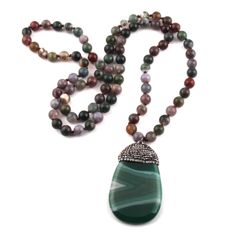 MOODPC Fashion Bohemian Jewelry Blue Stone Knotted Stone Crystal Pave Drop Pendant Women Necklace
