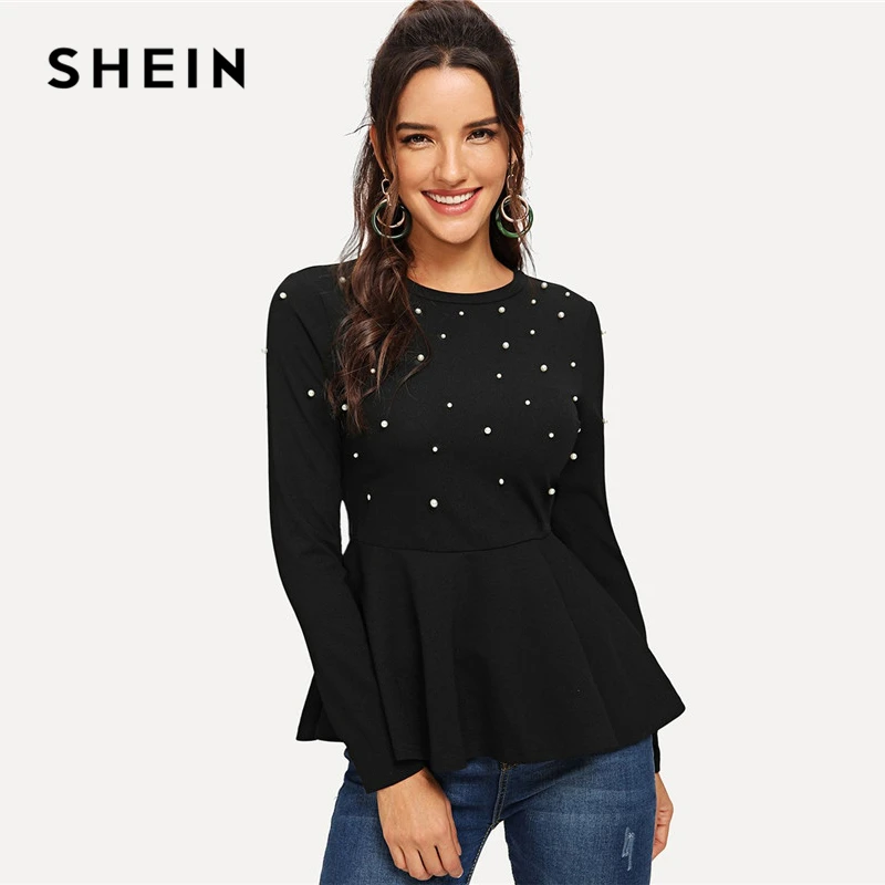 SHEIN Однотонная Блузка С Баской И Бусинами Нарядный Топ С Коротким Рукавом Офисный Топ С Отделкой