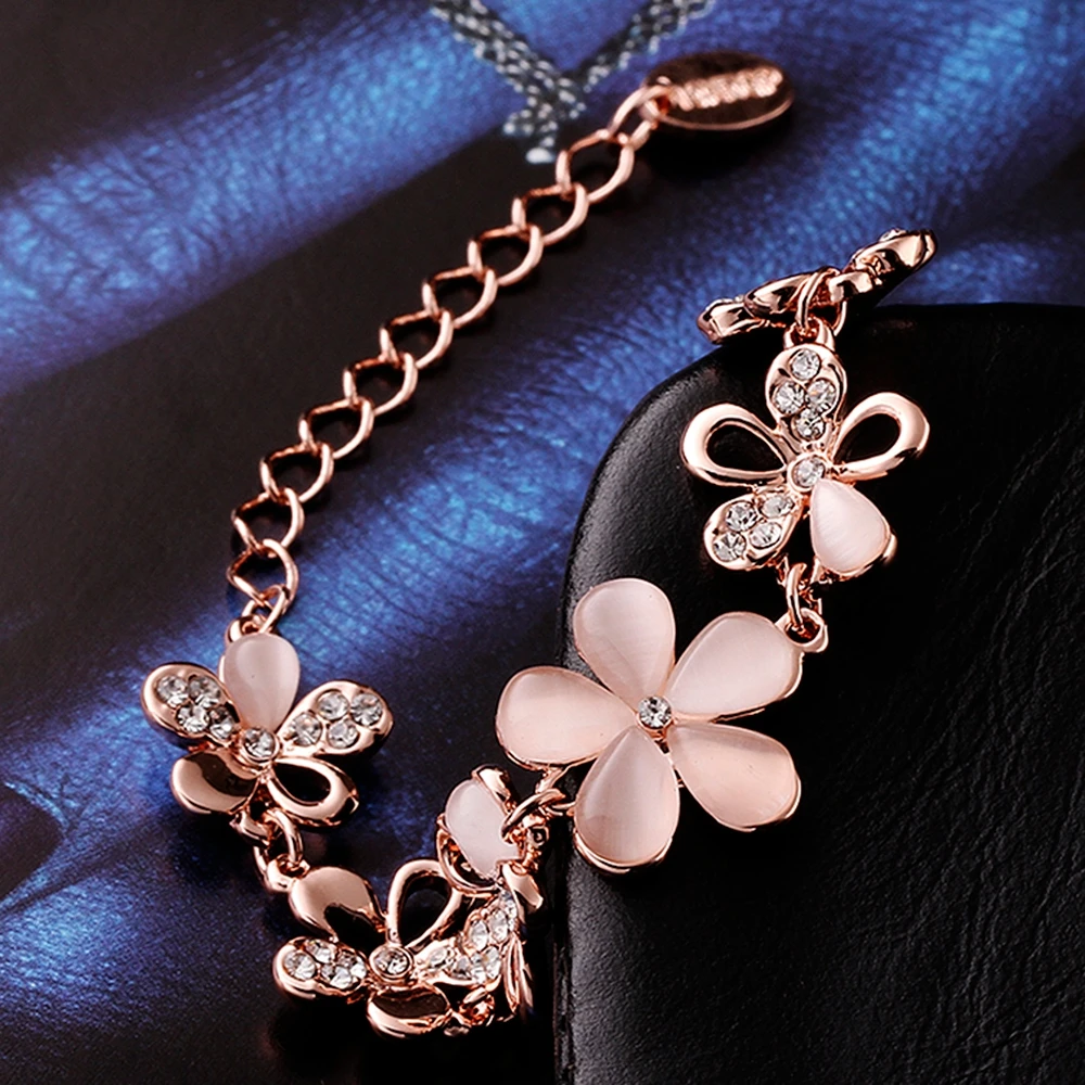 High Quality Rose Gold Color Crystal Opal Flowers Bracelet & Bangles Items Chunky Statement Bijoux Women Girls Jewelry | Украшения и