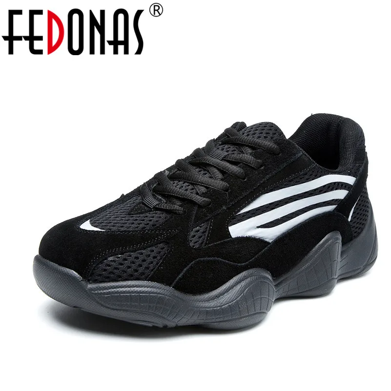 Женские кроссовки на платформе FEDONAS черные из натуральной кожи шнурках