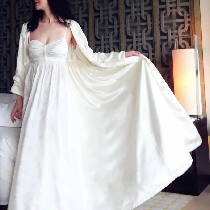 Autumn Top Quality Women's Silk Satin Embroidery Long Robes Long Sleeve 2- Pics Elegant Ladies Winter Sleepwear C030