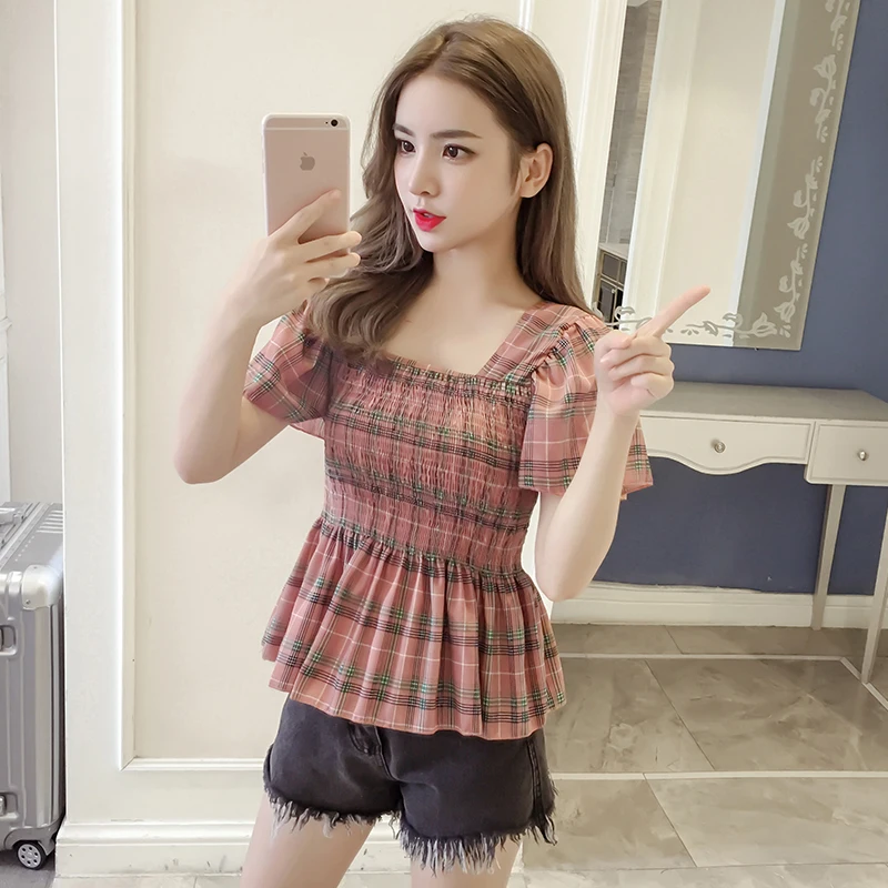 2018 Summer Tops Plaid Chiffon Blouse Square Collar Short Sleeve Thin Shirts Fashion Korean Casual Woman Clothing Free Shipping |