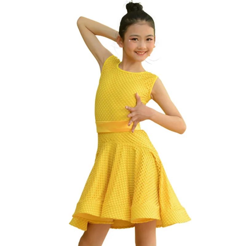 Модное платье для латинских танцев девочек Цвет белый желтый Сетчатое ча самбы