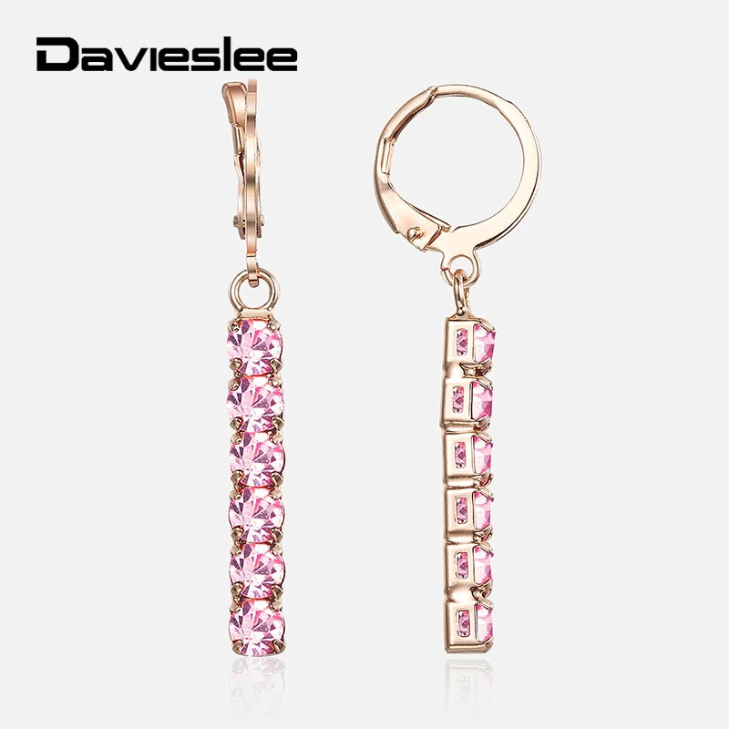 Женские серьги подвески с фианитом Davieslee 6 цветов розовое золото 585 пробы подарок