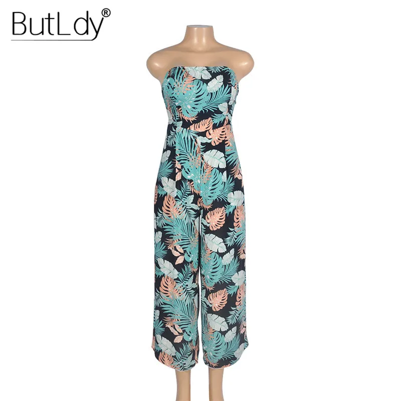 

Print Strapless Summer Jumpsuit Women 2019 Bohemian Beach Romper Sexy Backless Wide Leg Jumpsuit Bodysuit Loose Party Overalls