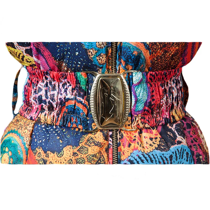 

European and American Trendy Women Long Wadded Jacket Vintage Pattern Print Lady Belted Parka Casacos De Inverno Feminino XH1014