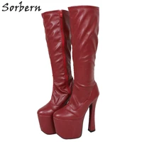 sorbern wine red block heel boots women 20cm extreme high heels knee high thick platform crossdresser women shoes 2019 custom