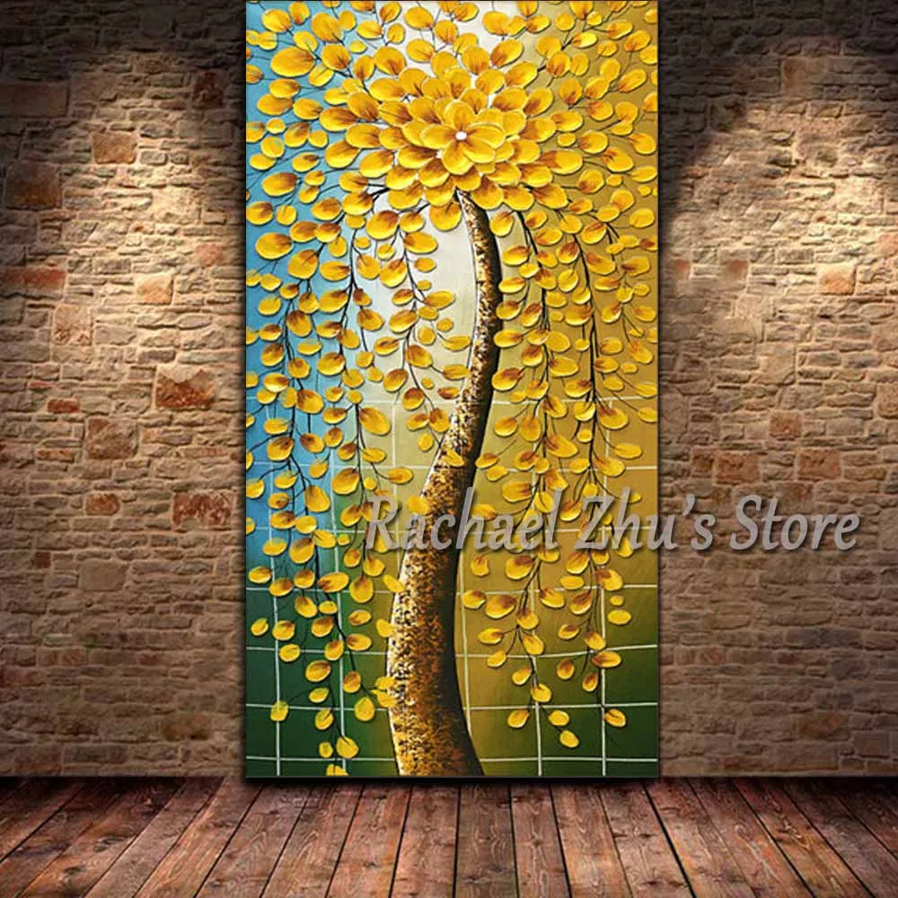 Ручная роспись палитра нож Цветущий желтый цветок дерево масляная живопись на