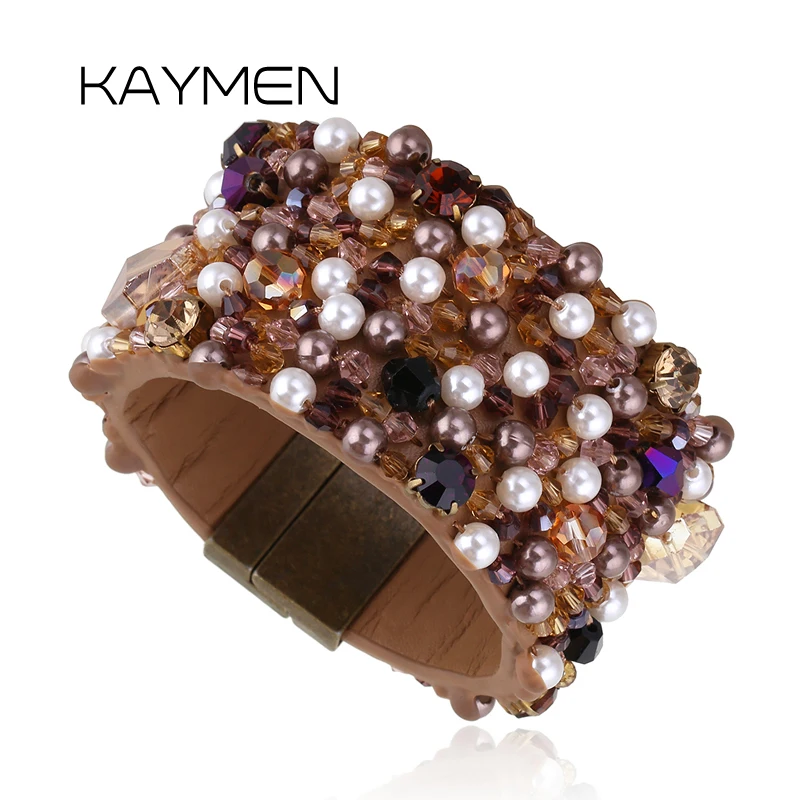 

KAYMEN New 2018 Crystals Handtailor on Imitation Leather Especial Magnet Clasp Statement Bracelet Bangle for Women