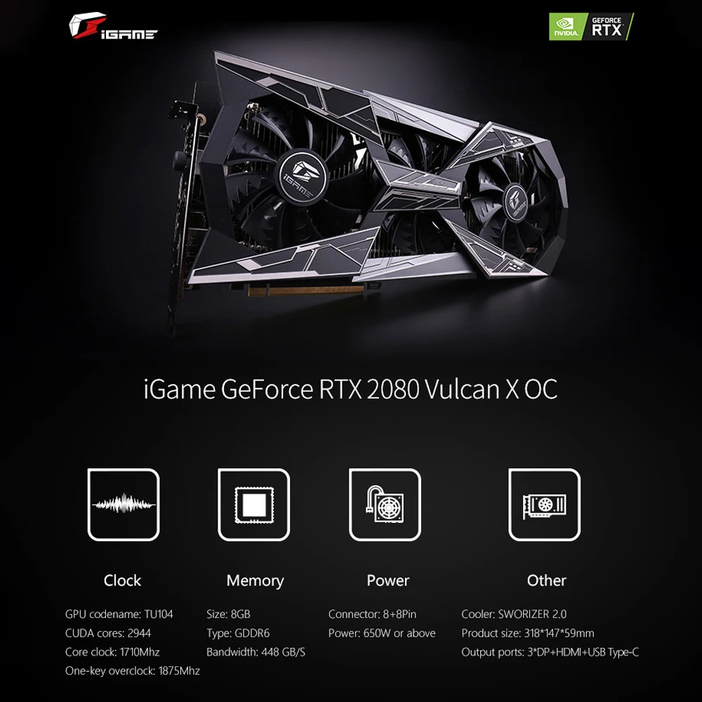 Красочные видеокарты iGame RTX 2080 Vulcan X OC GDDR6 8G Nvidia игровая видеокарта 256Bit HDMI/DP PCI-E X16 для настольного ПК игры