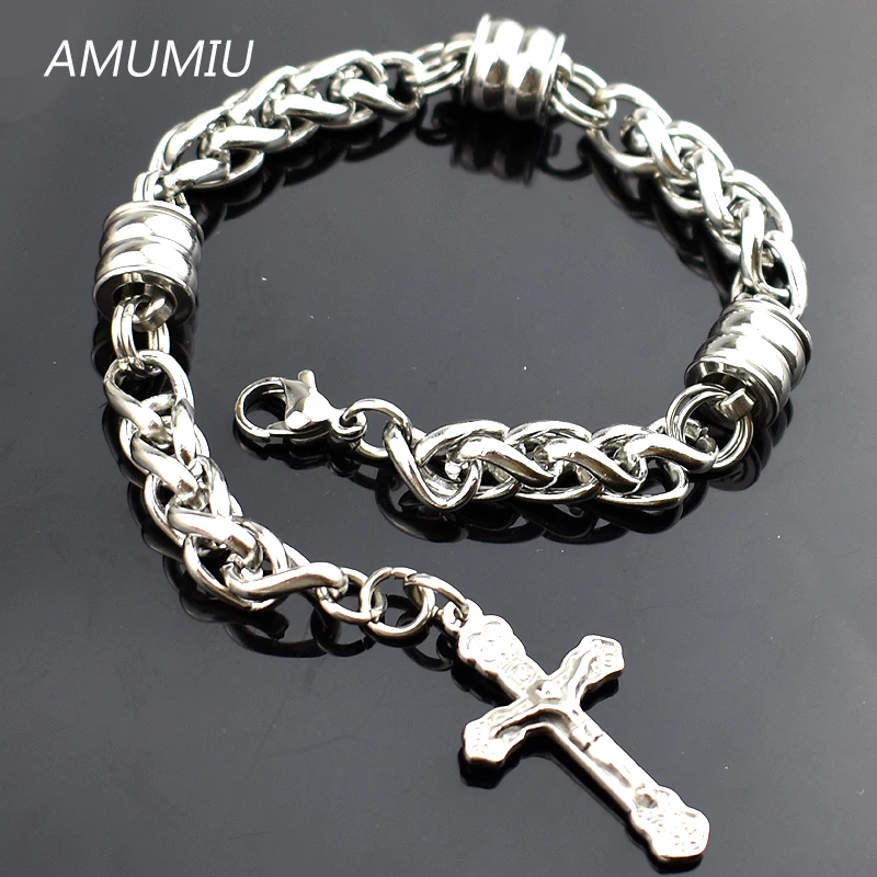 AMUMIU нержавеющая сталь массивные серебряные браслеты с крестом для мужских ювелирных изделий, четки звено цепи, HZB031