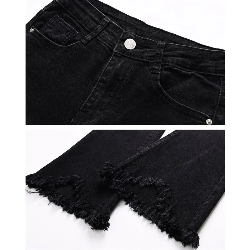 Женские джинсы с высокой талией черные облегающие кисточками и тонкими бахромой