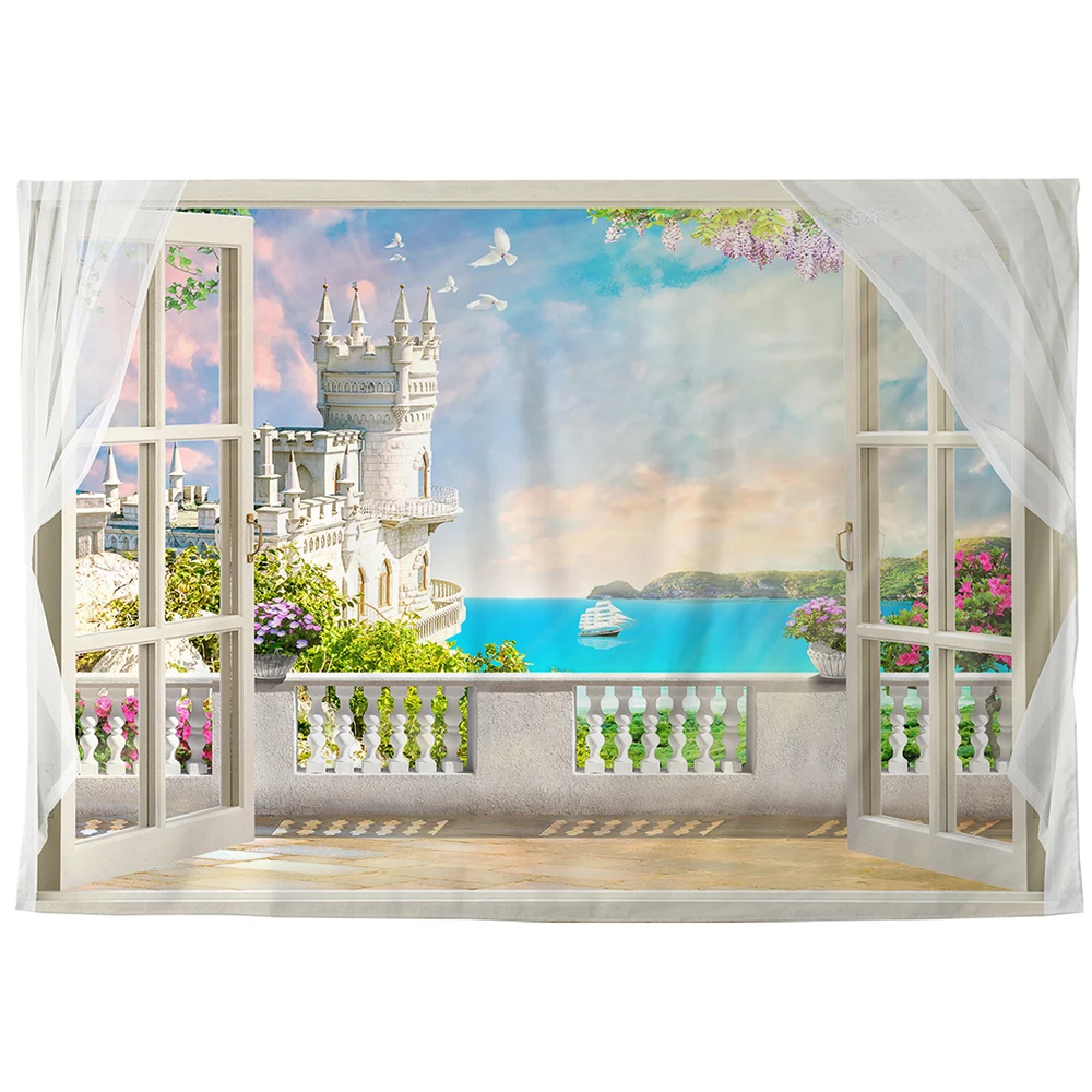 Allenjoy фотография Фон окно морской замок летнее небо фон вечерние напечатана |