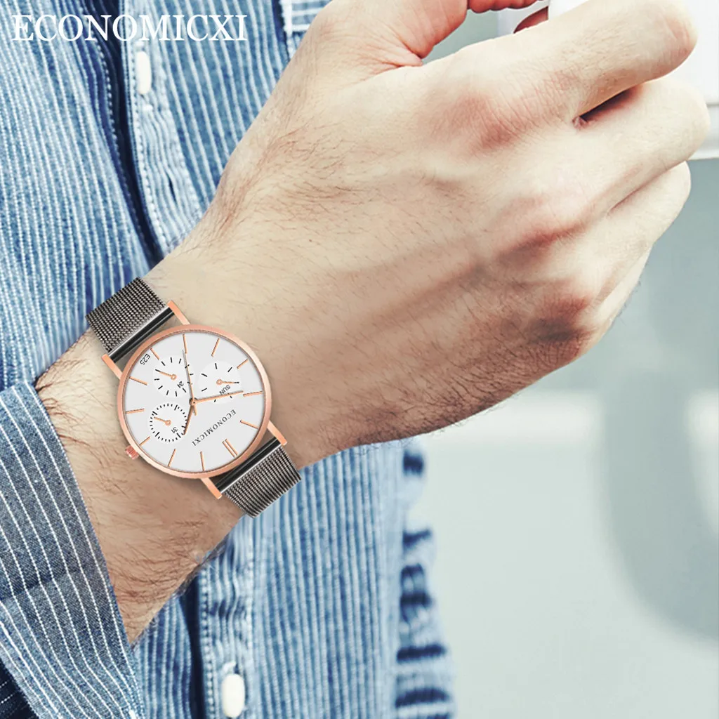 Мужские модные часы reloj hombre, простые часы из нержавеющей стали с тремя глазами, маленький циферблат, мужские кварцевые часы
