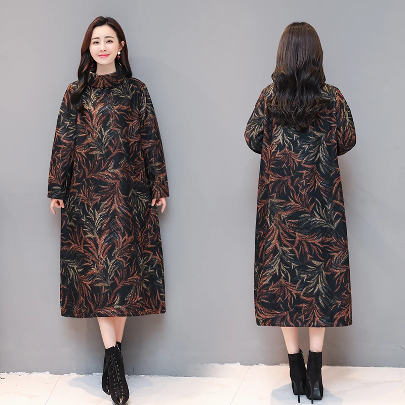 2018 зимнее Новое свободное шерстяное платье большого размера с принтом длинное