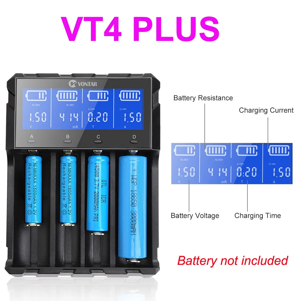 VONTAR Смарт ЖК-дисплей USB Батарея Зарядное устройство Smart для 26650 18650 18500 18350 17670 16340 14500 10440 литиевая батарея 3,7 V - Цвет: VT4 Plus charger