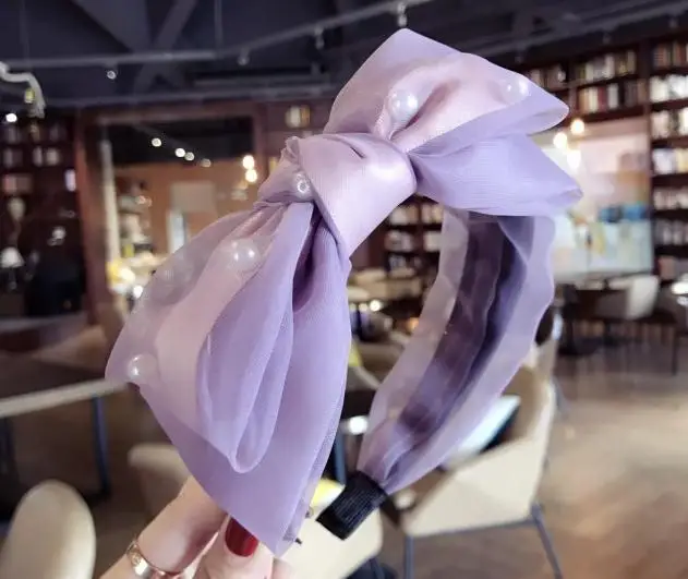 color 4 purple Фиолетовые кружевные повязки на голову с бантом, женские двухслойные повязки на голову с бантом, завязанная повязка на волосы для взрослых, боковая повязка на голову с бантом и жемчугом, повязка на голову для девочек - Цвет: color 4 purple