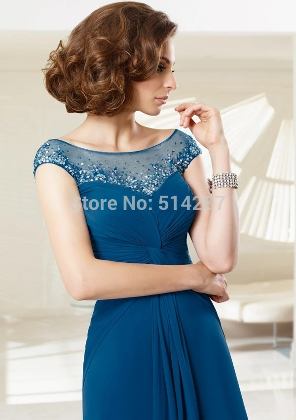 Vestido De Madrinha Elegant Chiffon Blue A-Line Sequined Cap Sleeve Evening Dress Mother Of the Bride Dresses 2014 New Arrival | Свадьбы и