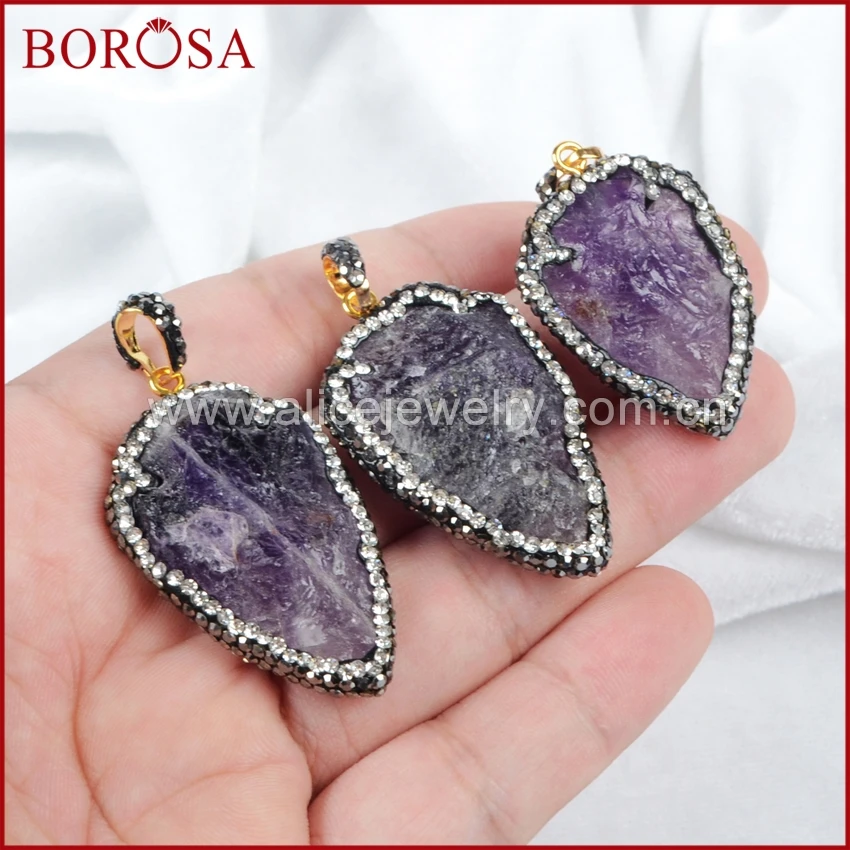 

BOROSA Popular Rough Natural Purple Crystal Arrowhead Pendant Bead Paved Zircon JAB244