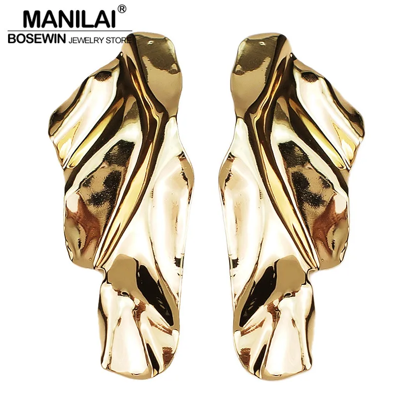 

MANILAI Irregular Metal Stud Earrings For Women Fashion Statement Big Earrings Jewelry Gift Gold Color 2022 Accessories