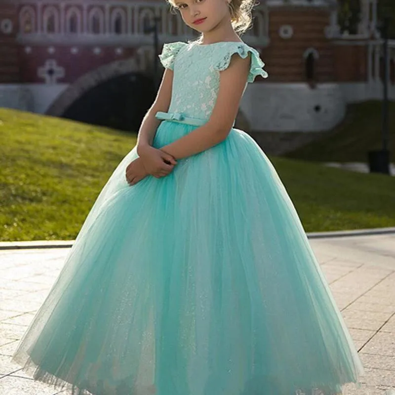 

New Long First Communion Dresses O-neck Lace Tulle Flower Girl Dresses Ball Gowns Custom Made Vestidos