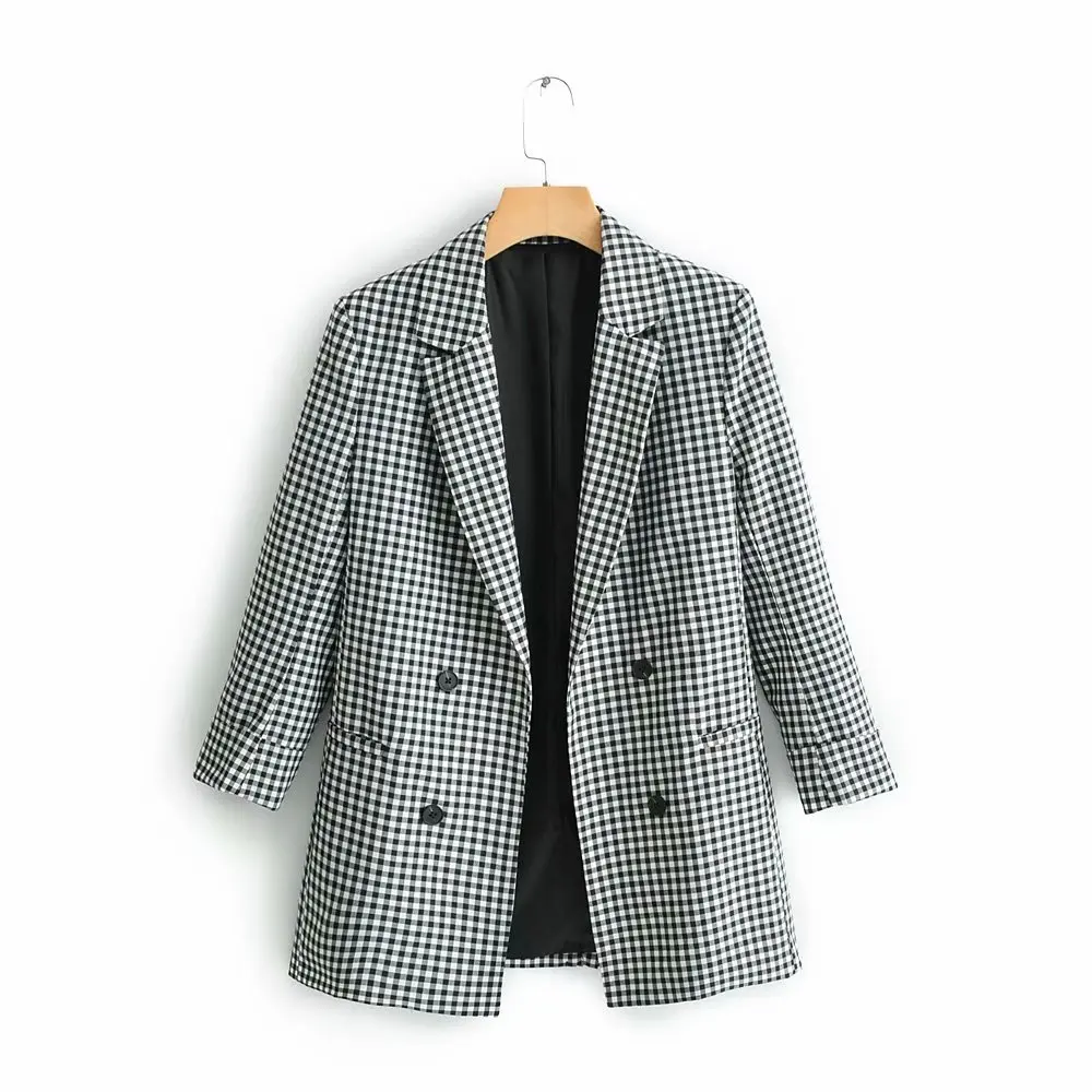 Женское модное клетчатое черное Blazers с карманами офисное женское однобортное пальто с зубчатым воротником деловой костюм топы CT218